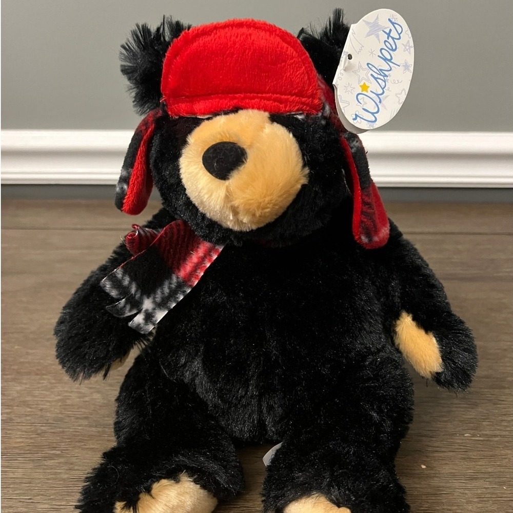Wishpets Black Bear Plush With Buffalo Plaid Trapper Hat Swing Tag